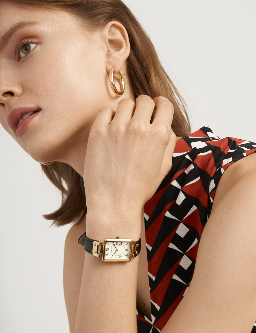 Rectangular Case Leather Strap Watch
