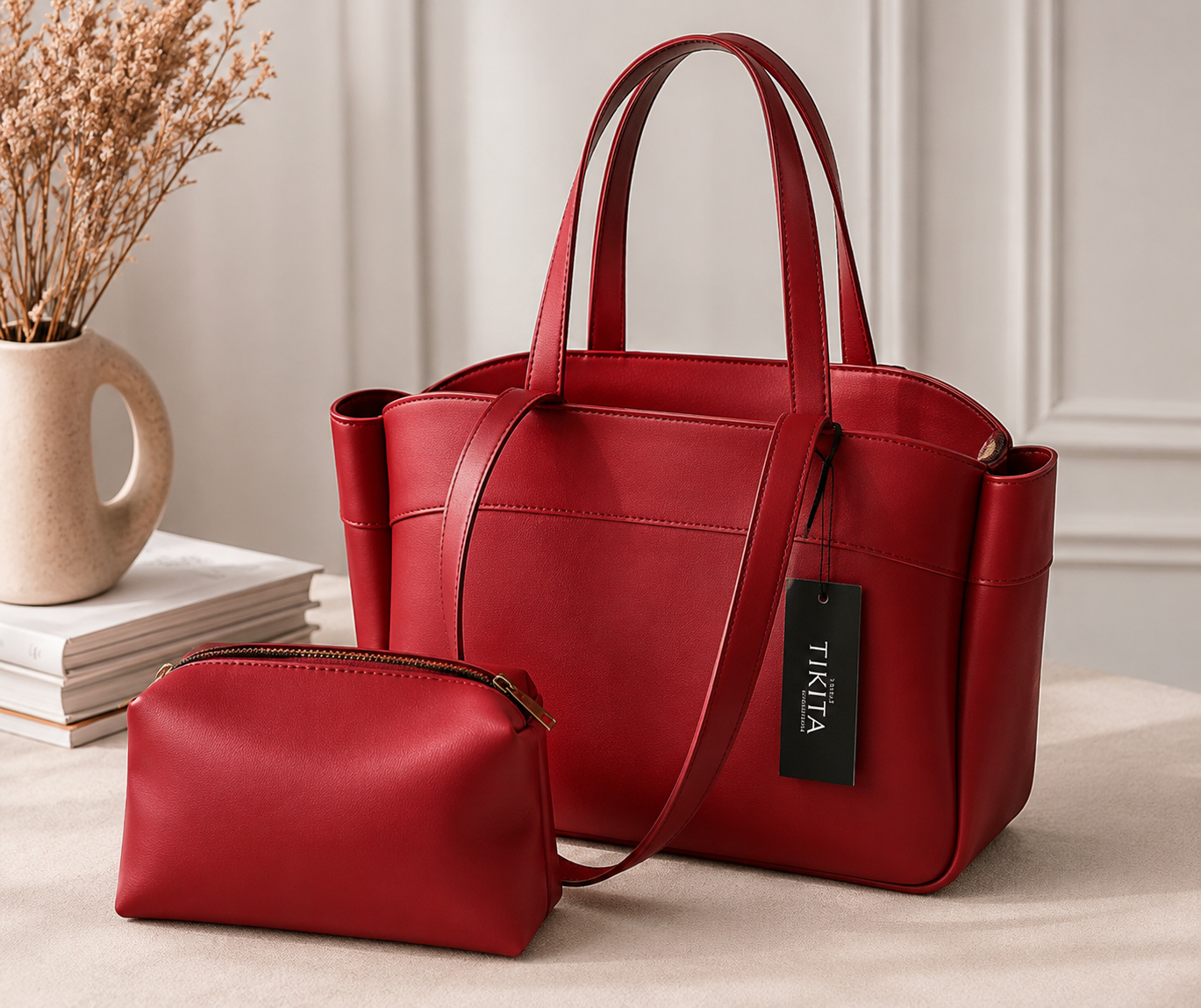 Sac à main élégant avec trousse assortie -Bordeaux
