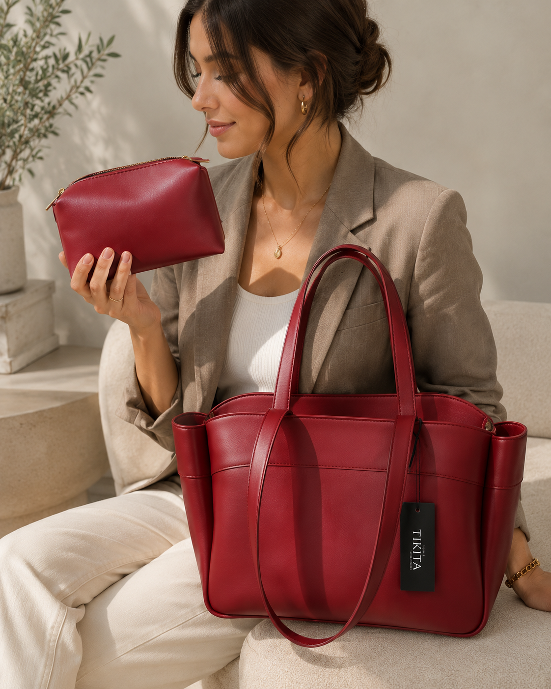 Sac à main élégant avec trousse assortie -Bordeaux