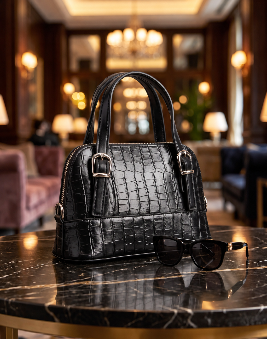 Sac à main effet crocodile zippé - Noir