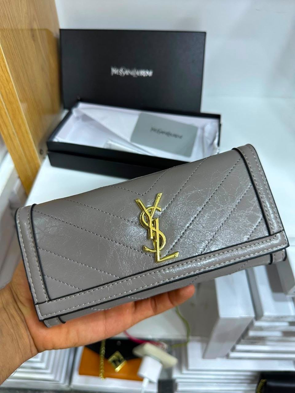 Portefeuille Saint Laurent Gris Matelassé