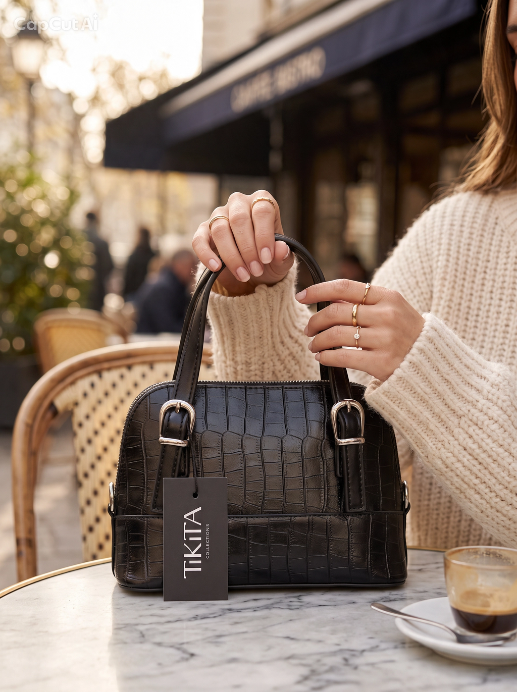 Sac à main effet crocodile zippé - Noir