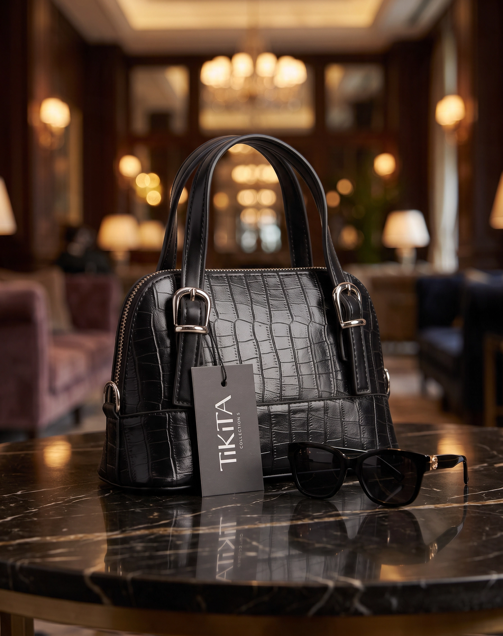 Sac à main effet crocodile zippé - Noir