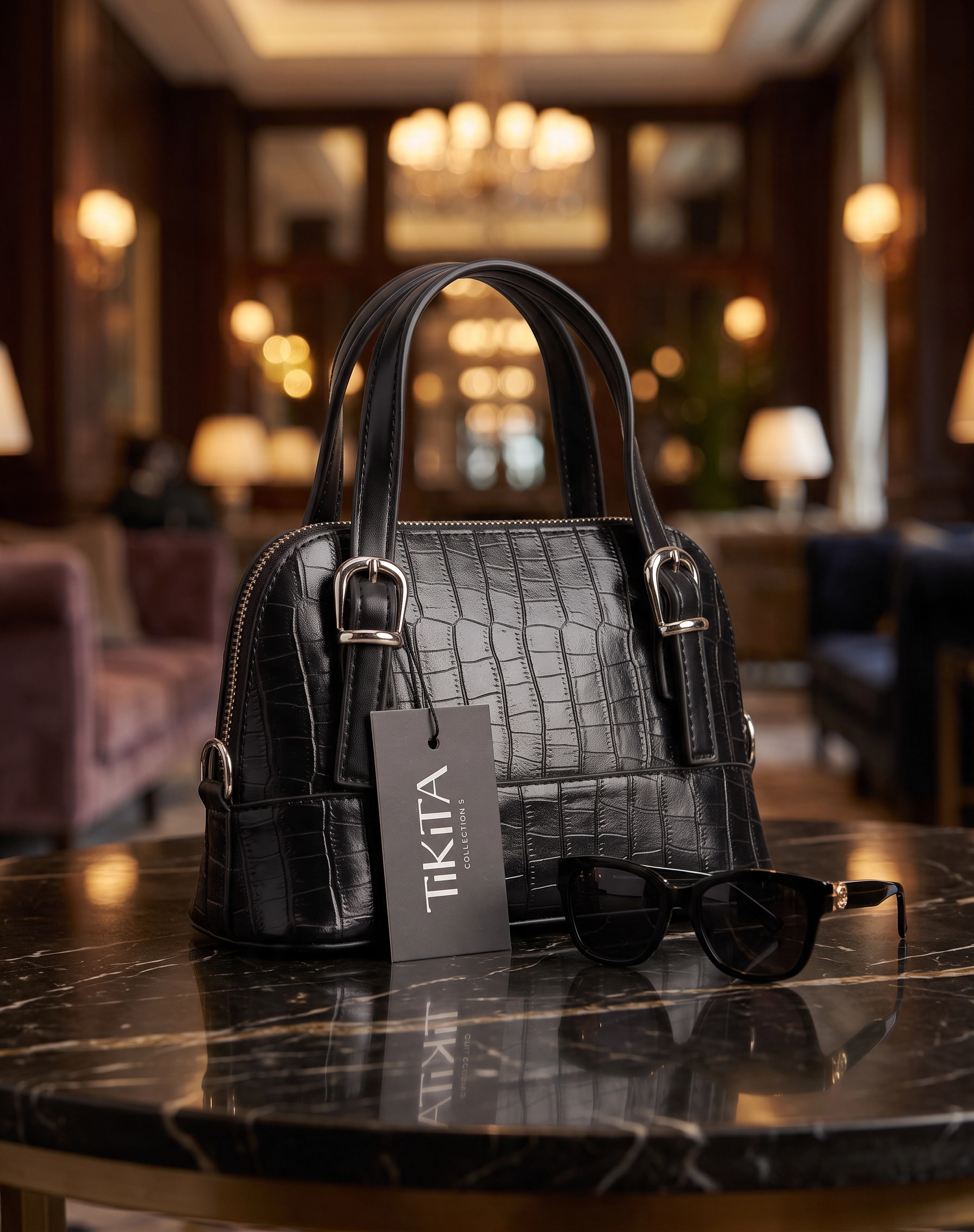 Sac à main effet crocodile zippé - Noir