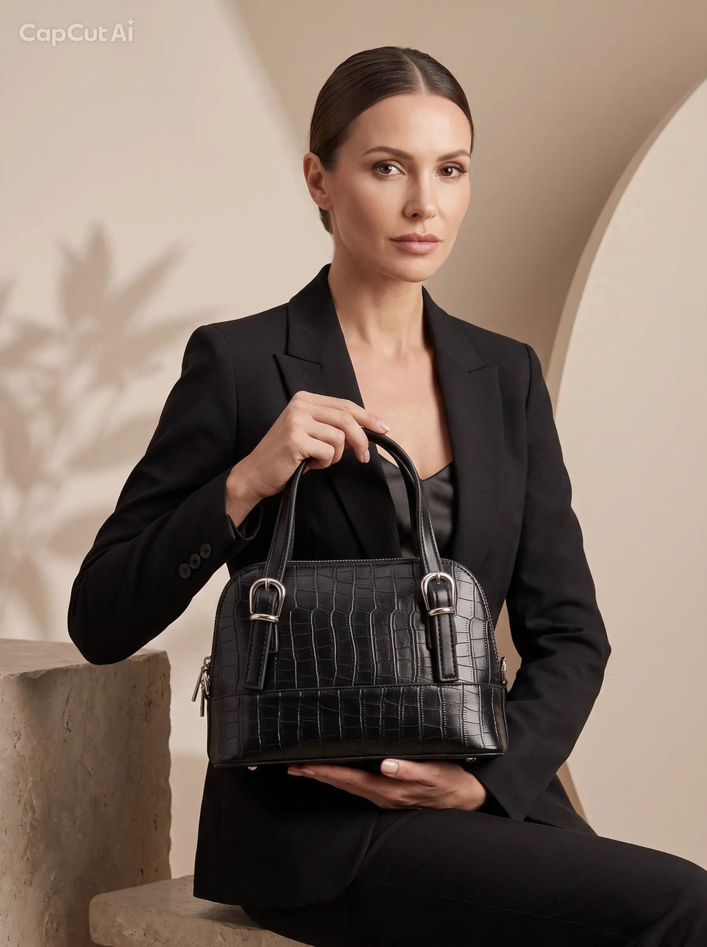 Sac à main effet crocodile zippé - Noir