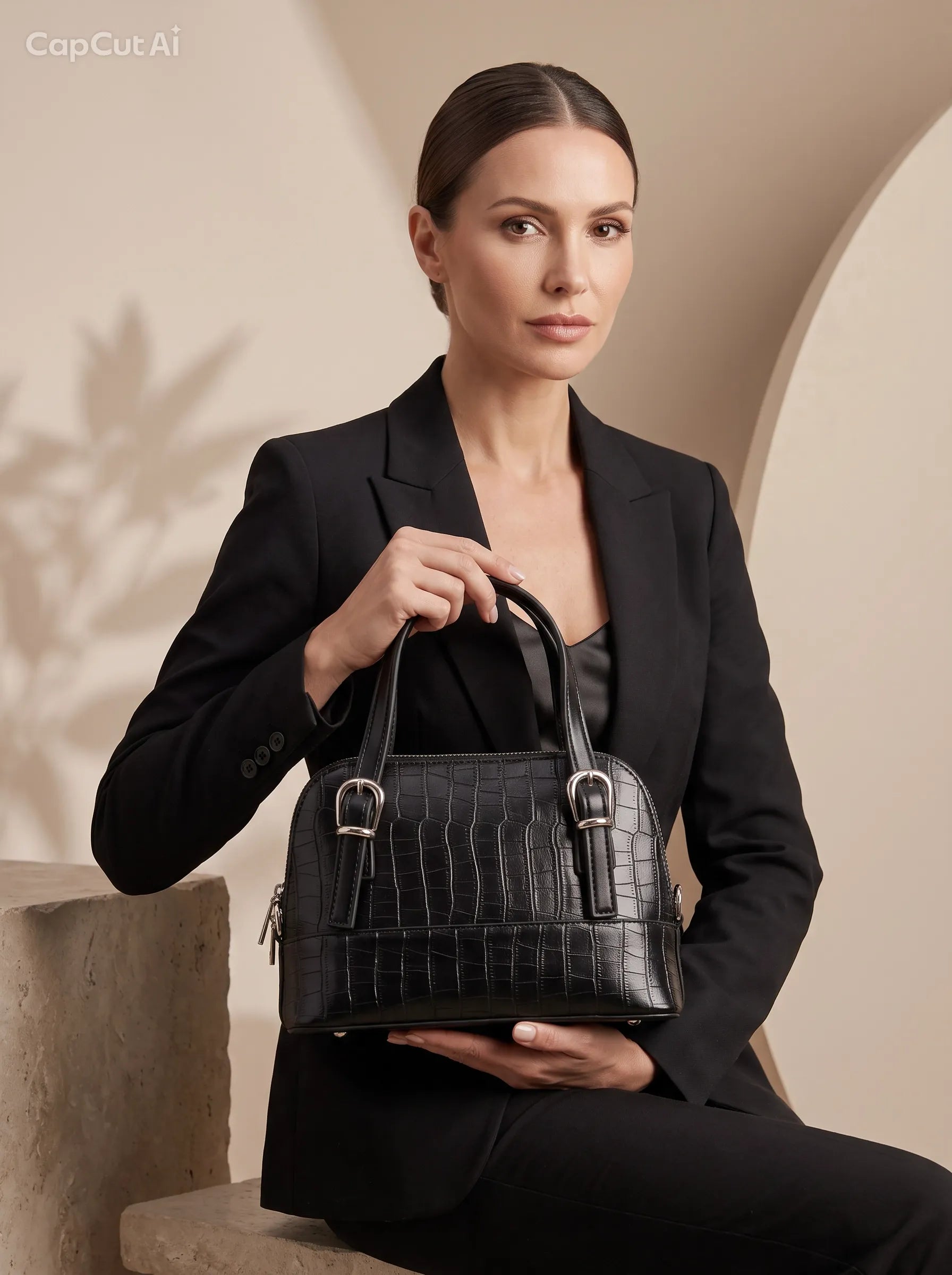 Sac à main effet crocodile zippé - Noir